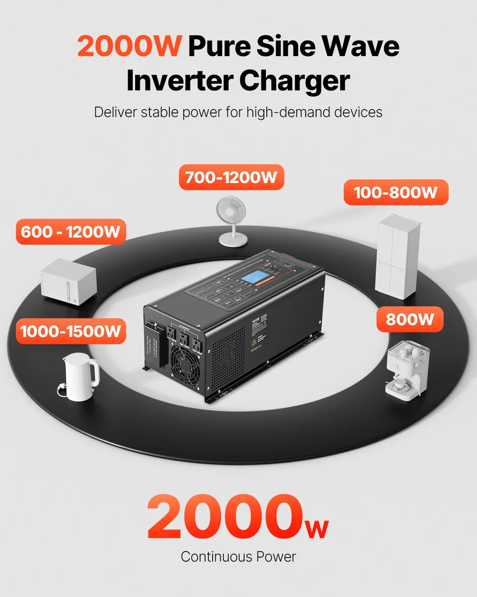 2000W Pure Sine Wave Inverter Charger DC 12V To AC 120V Power Inverter view 2