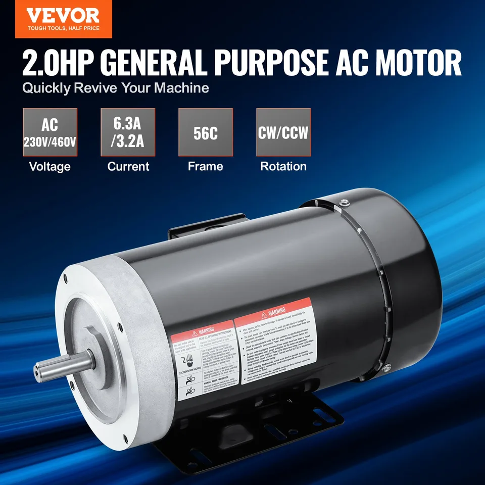 2HP Electric Motor 3450 Rpm, AC 230V/460V, 56C Frame, Air Compressor Motor 3-Phase, 5/8' Keyed Shaft, CW/CCW Rotation For Agricultural view 2