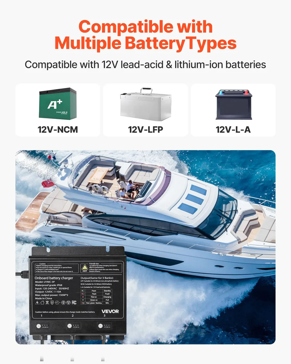 3-Bank 10A 12V Smart Marine Battery Charger Onboard IP68 Waterproof Boat RV view 4