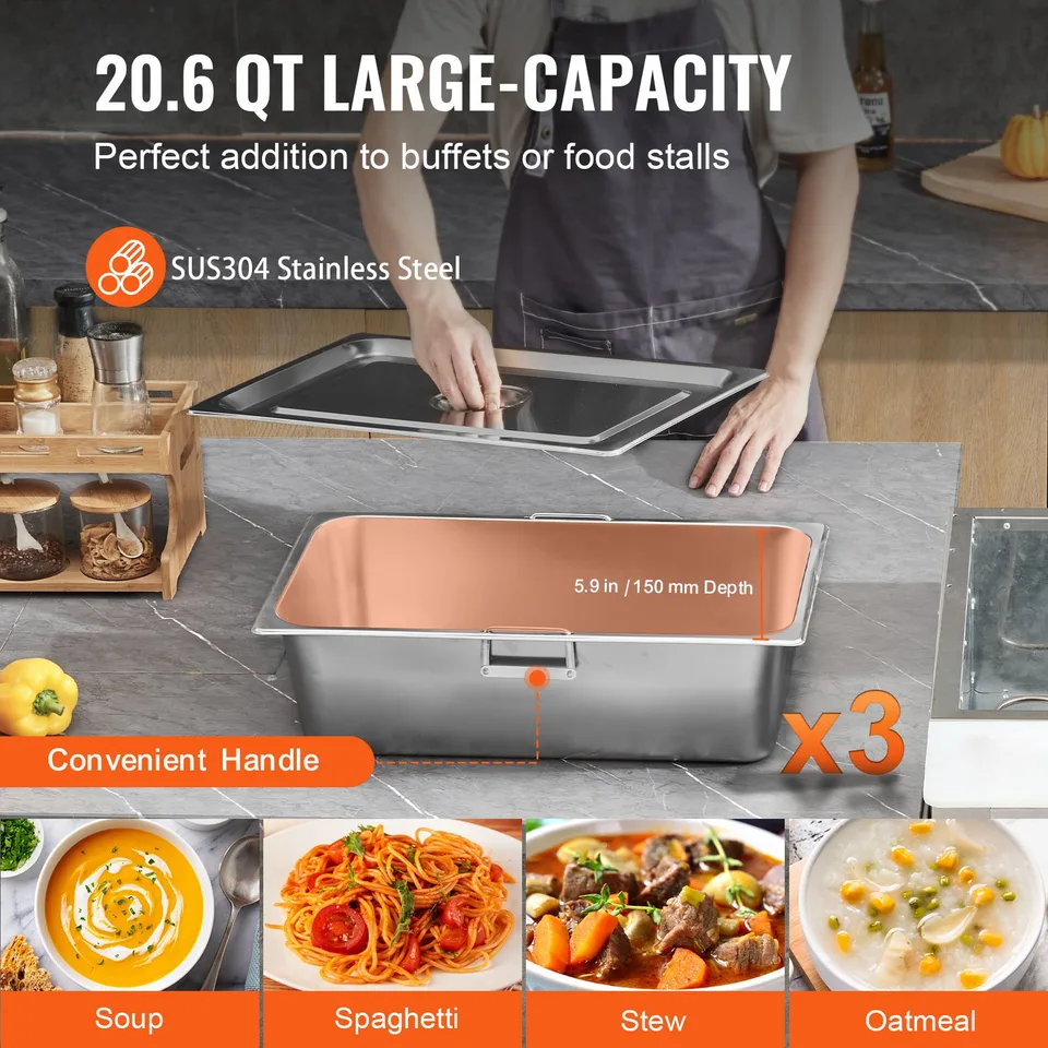 3-Pan Commercial Food Warmer, 3 X 20.6QT Electric Steam Table, 1500W Professional Buffet Catering Food Warmer With Acrylic Sneeze Guard view 3