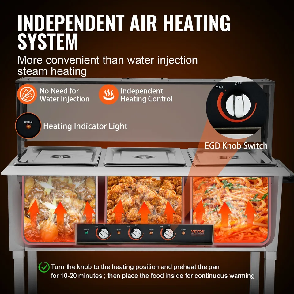 3-Pan Commercial Food Warmer, 3 X 20.6QT Electric Steam Table, 1500W Professional Buffet Catering Food Warmer With Acrylic Sneeze Guard view 2