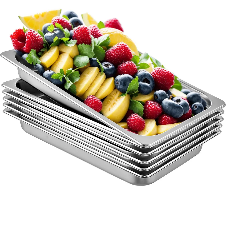 6 Pack Steam Table Pans 20.9 X 12.8 X 2.6 Inch Deep Steam Table Pan Full Size 8.5L Deep Food Container Stainless Steel Oven Tray Hotel Pans Anti-Jam Steam Table Food Pan