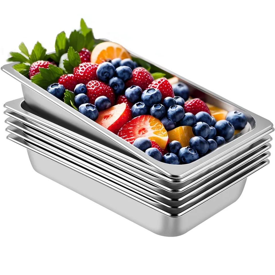 6 Pack Steam Table Pans 20.9 X 12.8 X 3.9 Inch Deep Steam Table Pan Full Size 13L Deep Food Container Stainless Steel Oven Tray Hotel Pans Anti-Jam Steam Table Food Pan