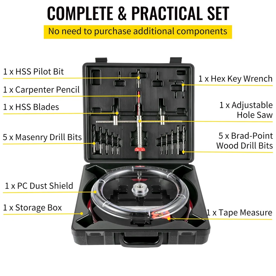 Adjustable Hole Saw Cutter Kit, 1-5/8' To 11-13 /16' (40-300 Mm), Recessed Hole Saw With PC Dust Shield, Two Replaceable Pilot Drill Bits view 4