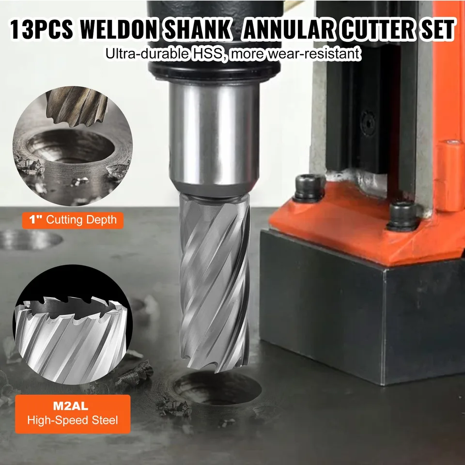 Annular Cutter Set, 13 Pcs Weldon Shank Mag Drill Bits, 7/16' To 1-1/16' Cutting Diameter, 1' Cutting Depth, M2AL HSS, 2 Pilot Pins, Hex view 2