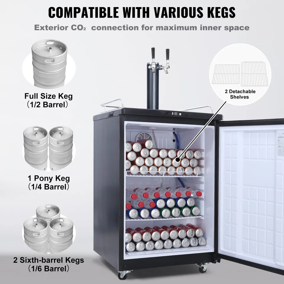 Beer Kegerator, Dual Tap Draft Beer Dispenser, Full Size Keg Refrigerator With Shelves, CO2 Cylinder, Drip Tray & Rail, 32°F- 75.2°F view 2