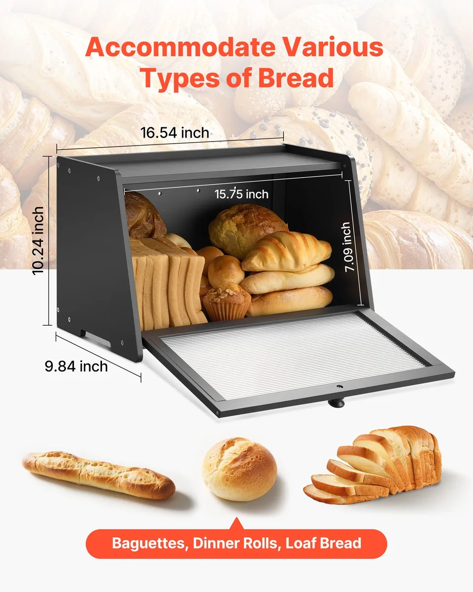 Bread Box For Kitchen Counter Large Capacity Bamboo Storage Container Black view 4