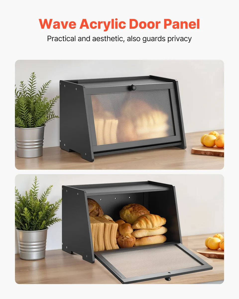 Bread Box For Kitchen Counter Large Capacity Bamboo Storage Container Black view 3