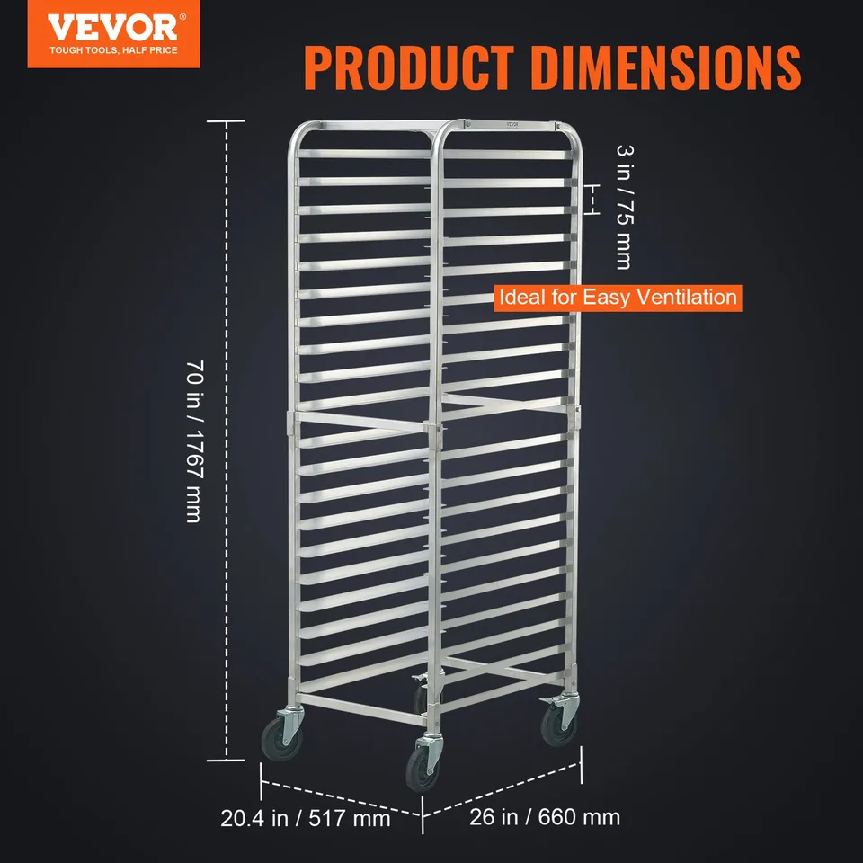 Bun Pan Rack, 20-Tier Commercial Bakery Racks With Brake Wheels, Aluminum Racking Trolley Storage For Half & Full Sheet, Speed Rack For view 4