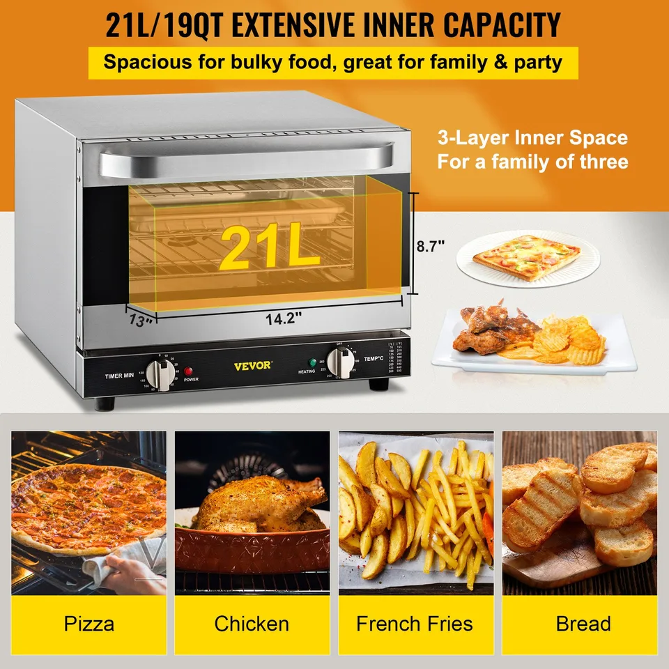 Commercial Convection Oven, 21L 19 Qt, Quarter-Size Conventional Oven Countertop, 1440W 3-Tier Toaster W Front Glass Door, Electric Baking view 4