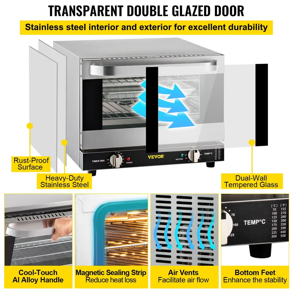 Commercial Convection Oven, 21L 19 Qt, Quarter-Size Conventional Oven Countertop, 1440W 3-Tier Toaster W Front Glass Door, Electric Baking view 3