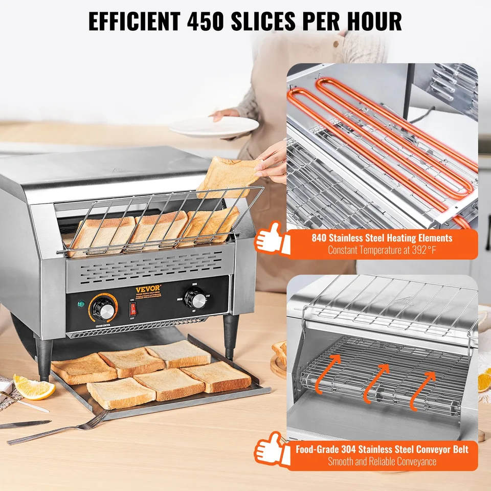 Commercial Conveyor Toaster, 450 Slices/Hour Conveyor Belt Toaster, Heavy Duty Stainless Steel Commercial Toaster Oven, Electric Restaurant view 4