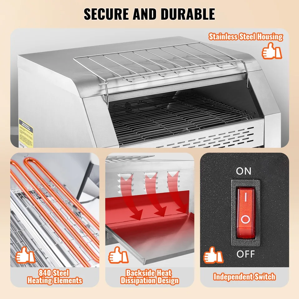 Commercial Conveyor Toaster, 450 Slices/Hour Conveyor Belt Toaster, Heavy Duty Stainless Steel Commercial Toaster Oven, Electric Restaurant view 2