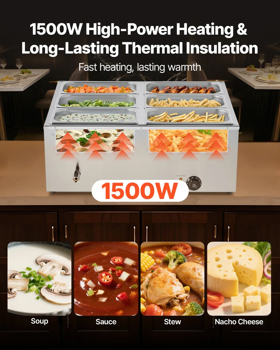 Commercial Food Warmer 6-Pan 1500W Countertop Buffet Bain Marie With Lid view 4