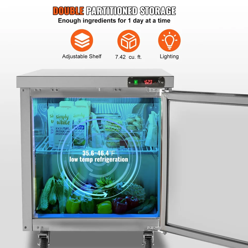 Commercial Refrigerator, 28' Undercounter Worktop Refrigerator, 7.4 Cu. Ft Thick Stainless Steel Refrigerated Food Prep Station Fan Cooling view 2
