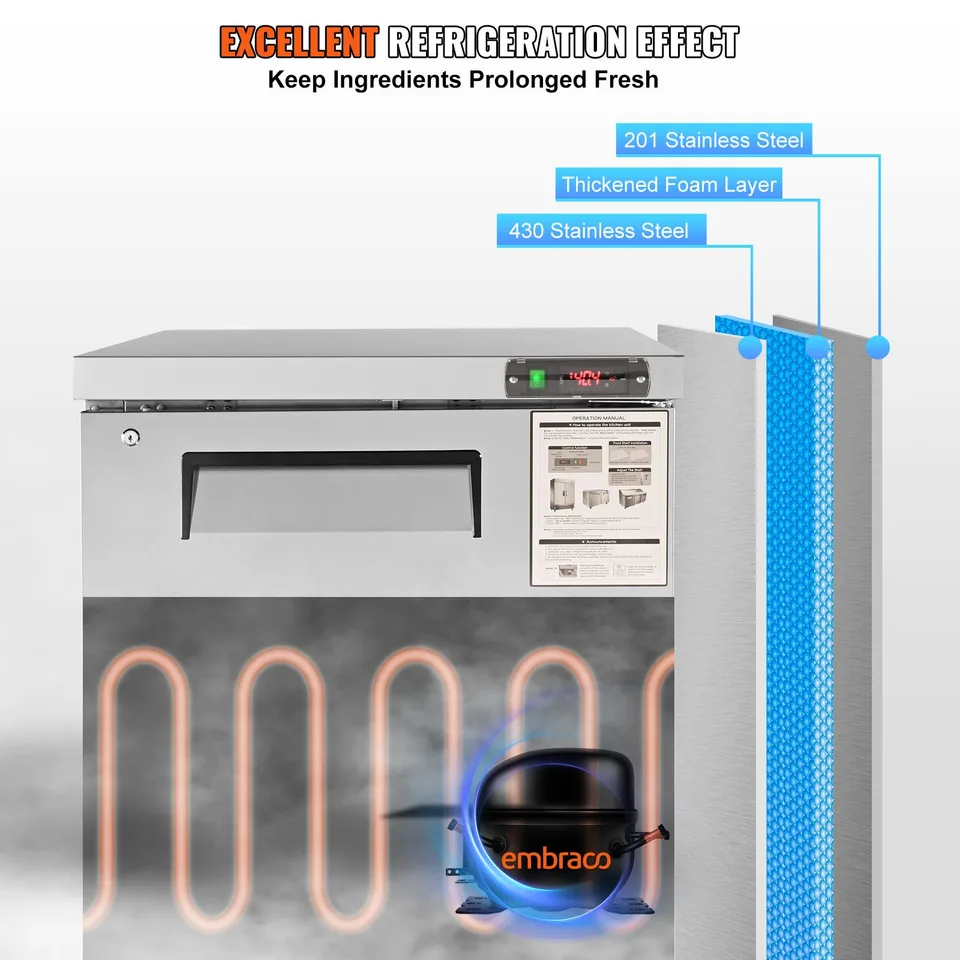 Commercial Refrigerator, 28' Undercounter Worktop Refrigerator, 7.4 Cu. Ft Thick Stainless Steel Refrigerated Food Prep Station Fan Cooling view 3