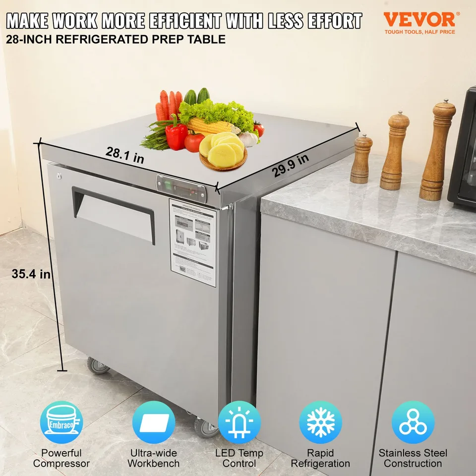 Commercial Refrigerator, 28' Undercounter Worktop Refrigerator, 7.4 Cu. Ft Thick Stainless Steel Refrigerated Food Prep Station Fan Cooling view 4