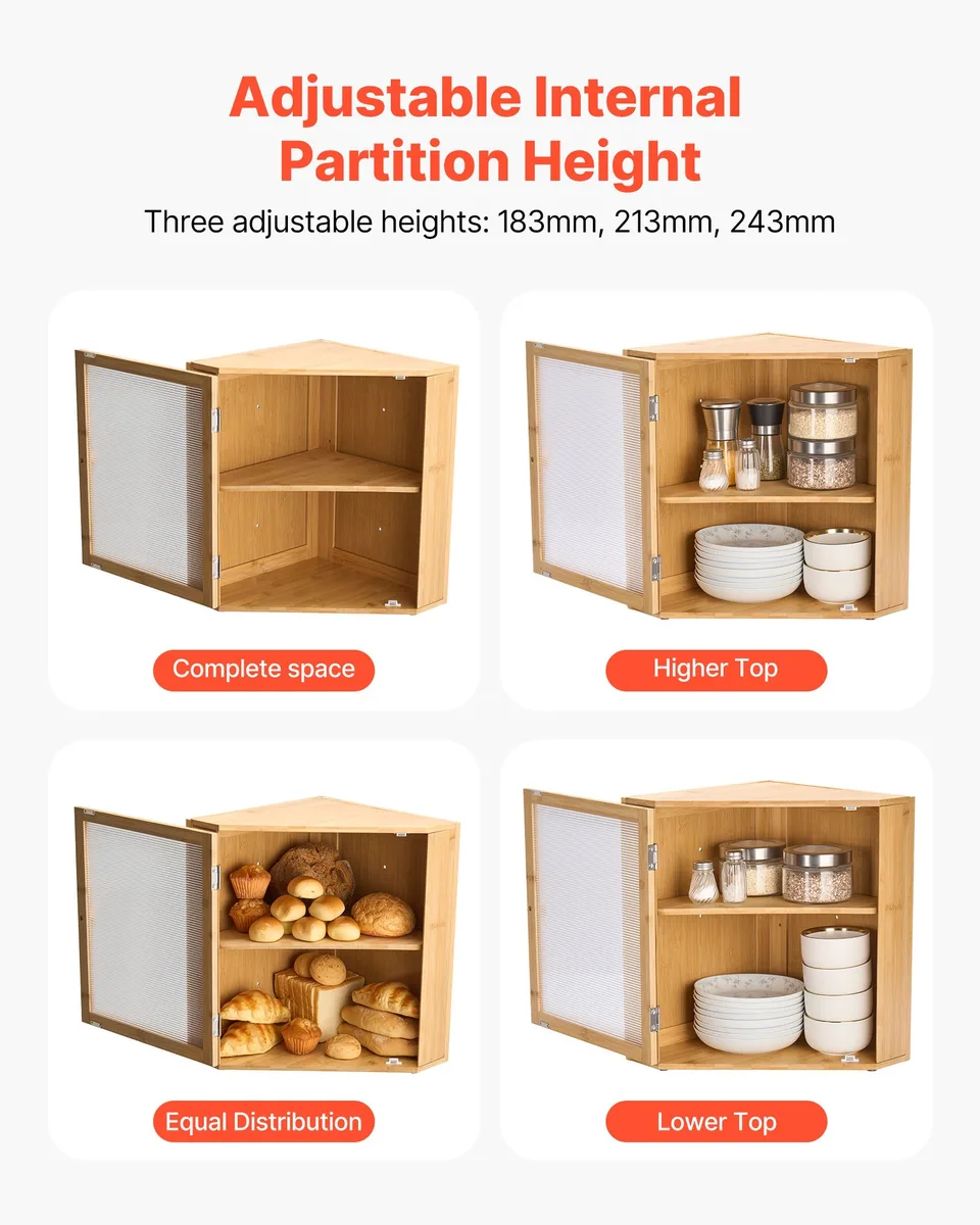 Corner Bread Box For Kitchen Counter Double Layer Bamboo Storage Container view 3