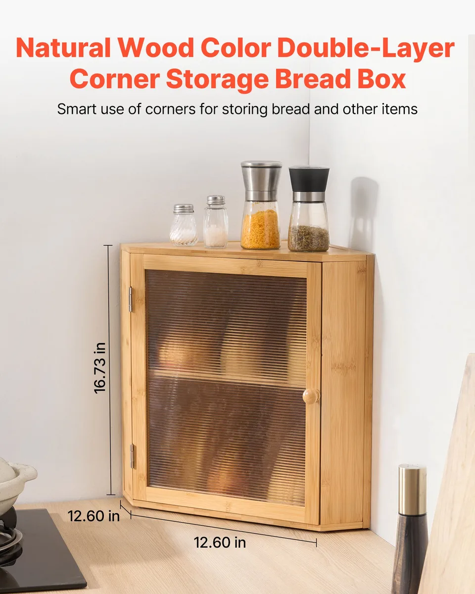Corner Bread Box For Kitchen Counter Double Layer Bamboo Storage Container view 2