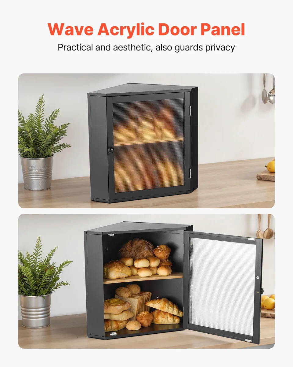 Corner Bread Box For Kitchen Counter Double Layer Bamboo Storage Container Black view 4