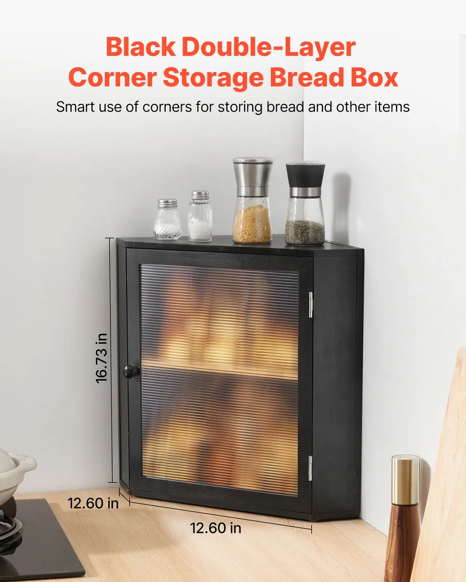 Corner Bread Box For Kitchen Counter Double Layer Bamboo Storage Container Black view 2