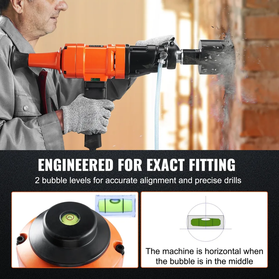 Diamond Core Drilling Machine, 4in Handheld Wet Concrete Core Drill Rig, 1100-2400RPM Two Speed & 1-1/4' Thread & 2 Bubble Levels, 3-4in view 4