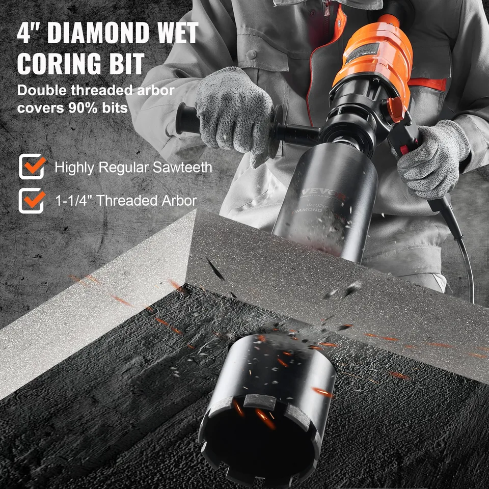 Diamond Core Drilling Machine, 4in Handheld Wet Concrete Core Drill Rig, 1100-2400RPM Two Speed & 1-1/4' Thread & 2 Bubble Levels, 3-4in view 3