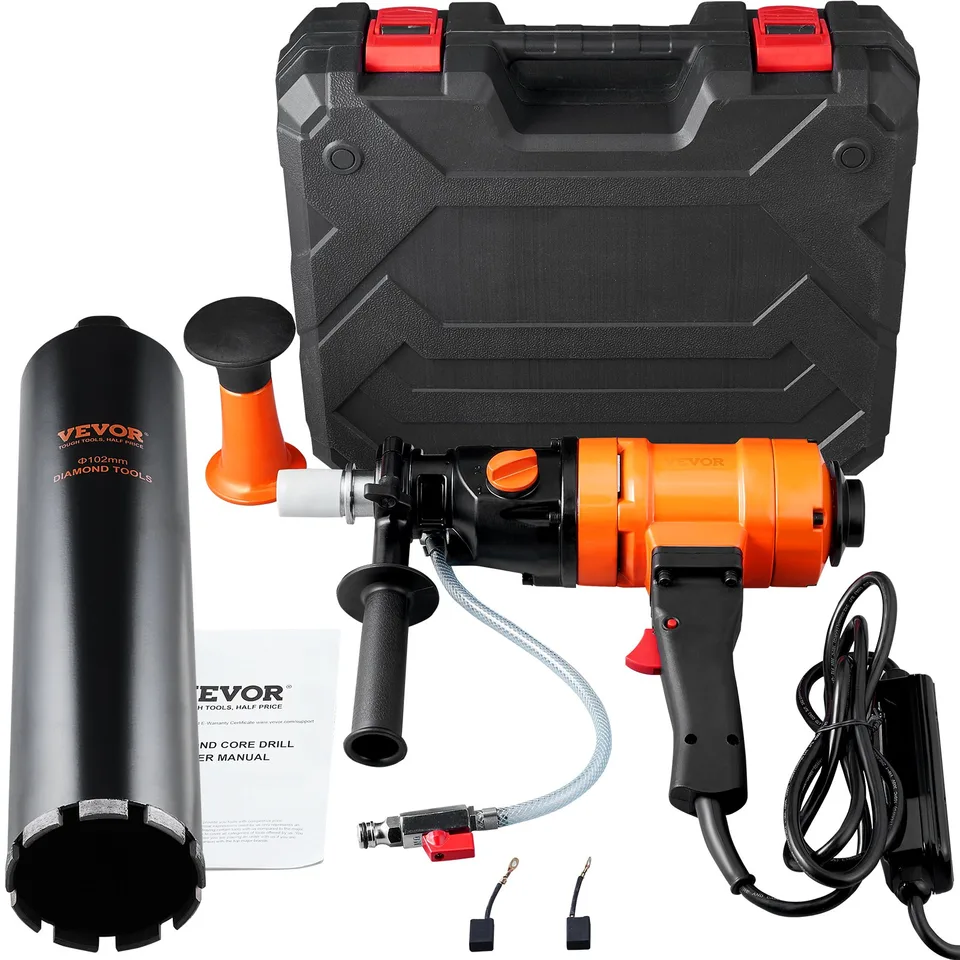 Diamond Core Drilling Machine, 4in Handheld Wet Concrete Core Drill Rig, 1100-2400RPM Two Speed & 1-1/4' Thread & 2 Bubble Levels, 3-4in Drilling Diameter For Concrete Brick Block Stone, 1500W