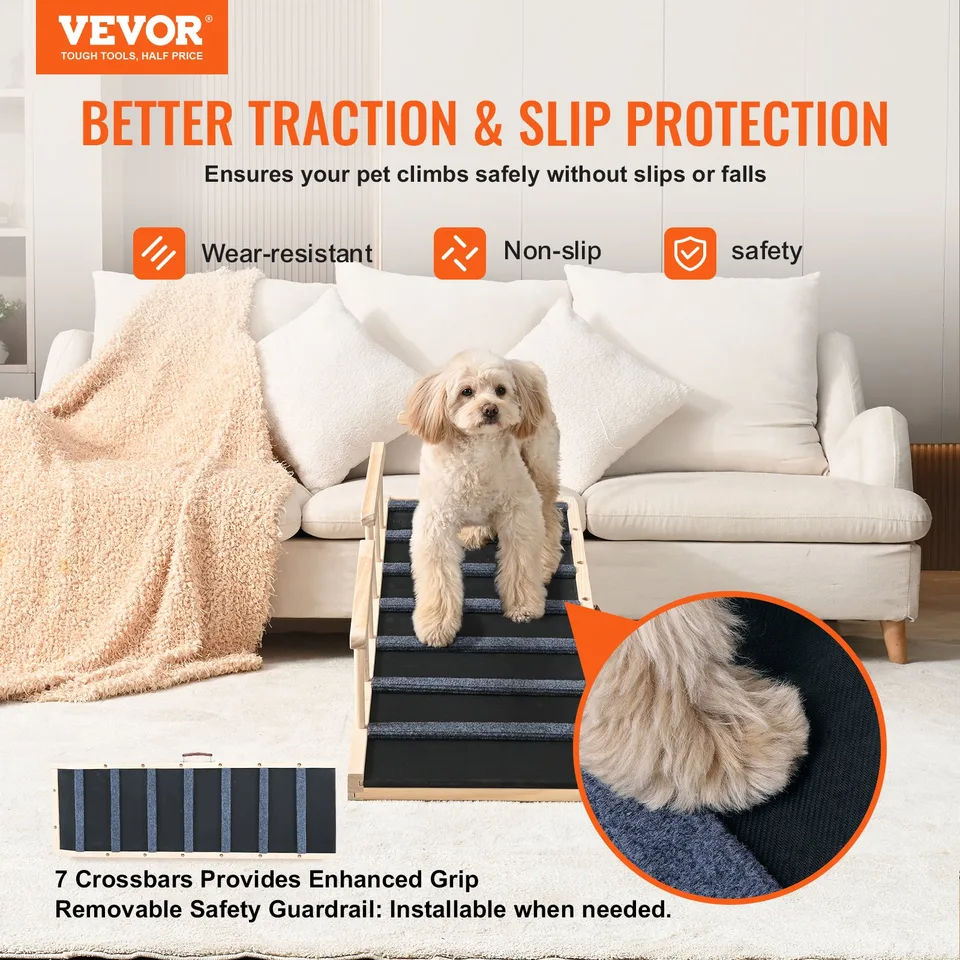 Dog Ramp, Folding Pet Ramp For Bed, Adjustable Dog Ramp For Small, Large, Old Dogs & Cats, Wooden Pet Ramp With 47.2' Long Ramp, Adjustable view 2