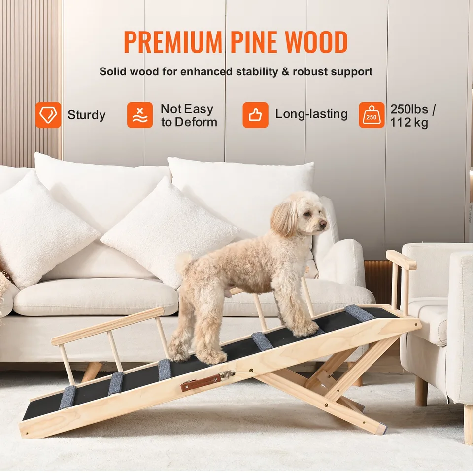 Dog Ramp, Folding Pet Ramp For Bed, Adjustable Dog Ramp For Small, Large, Old Dogs & Cats, Wooden Pet Ramp With 47.2' Long Ramp, Adjustable view 3