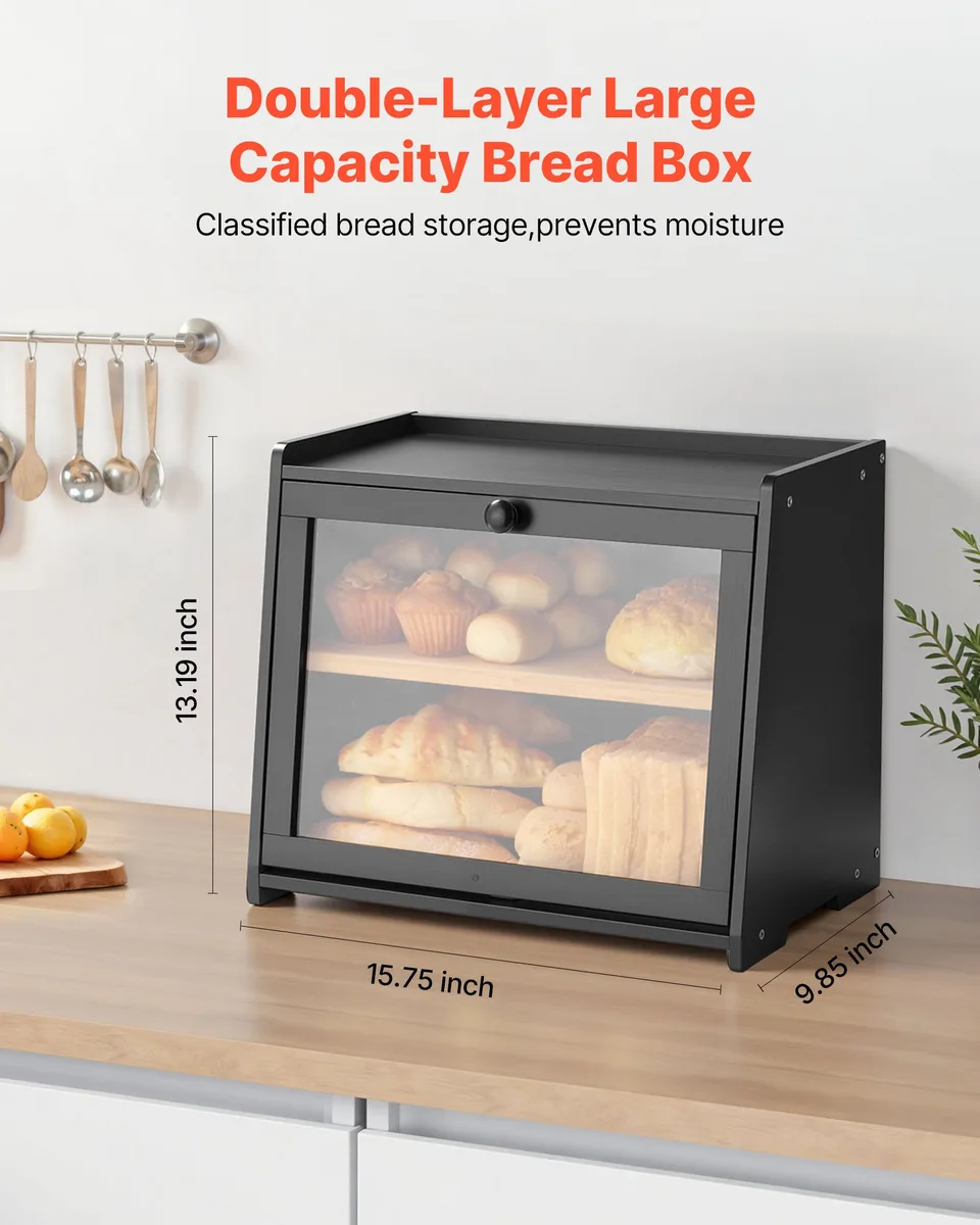 Double Layer Bread Box For Kitchen Counter Bamboo Storage Bread Container Black view 3