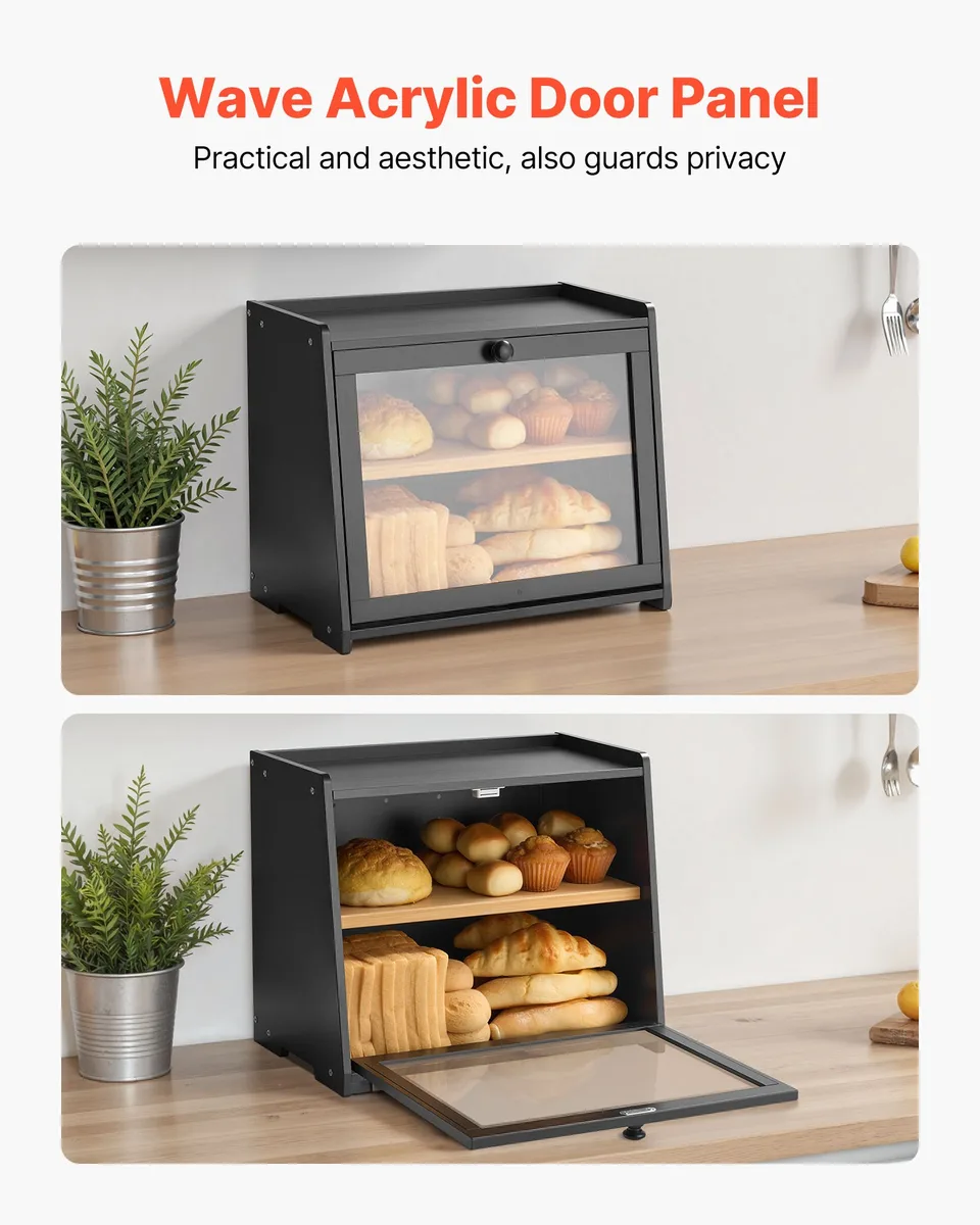Double Layer Bread Box For Kitchen Counter Bamboo Storage Bread Container Black view 2