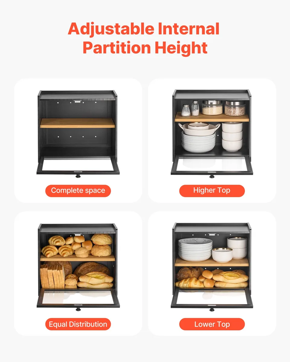 Double Layer Bread Box For Kitchen Counter Bamboo Storage Bread Container Black view 4