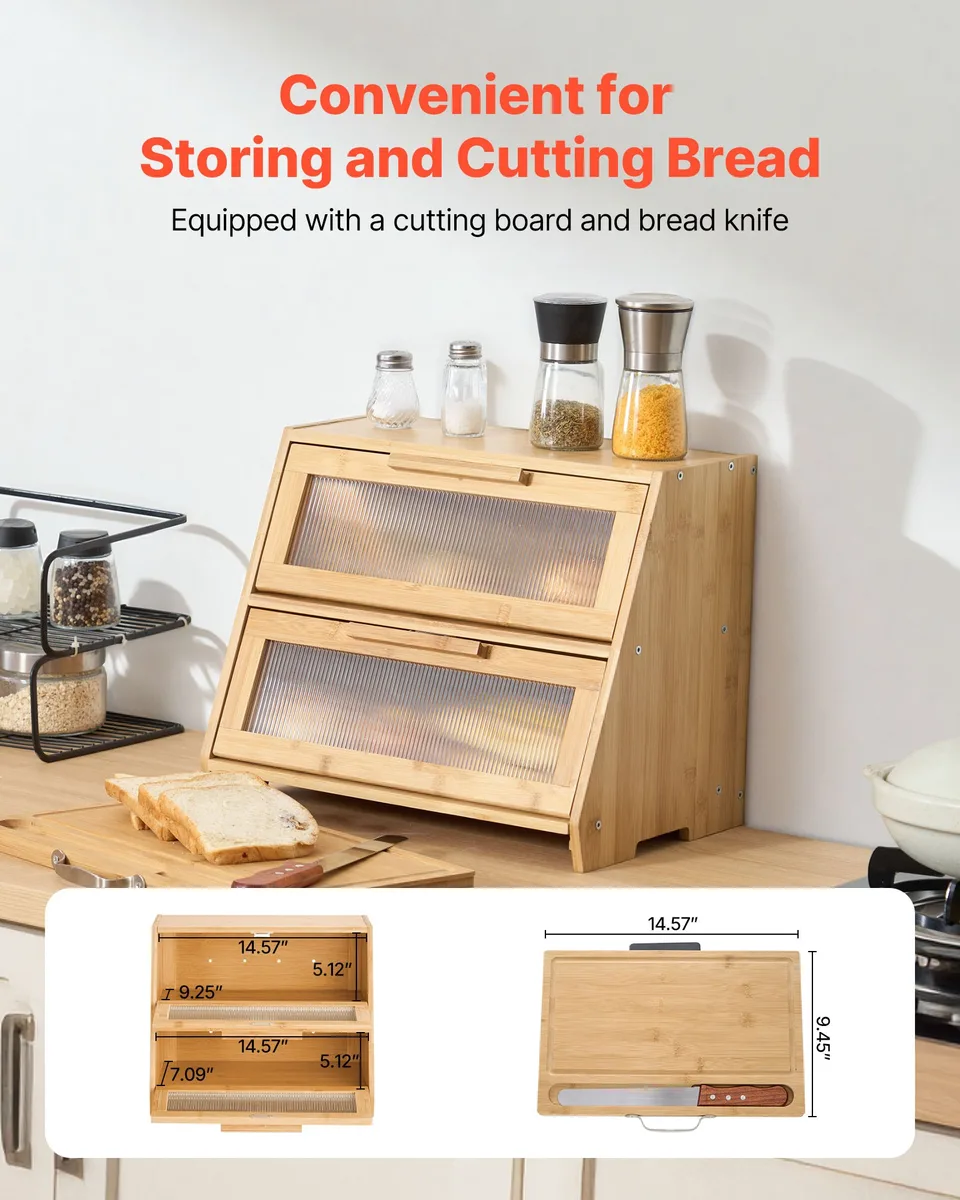 Double Layer Bread Box For Kitchen Counter Bamboo Storage Container Natural view 4