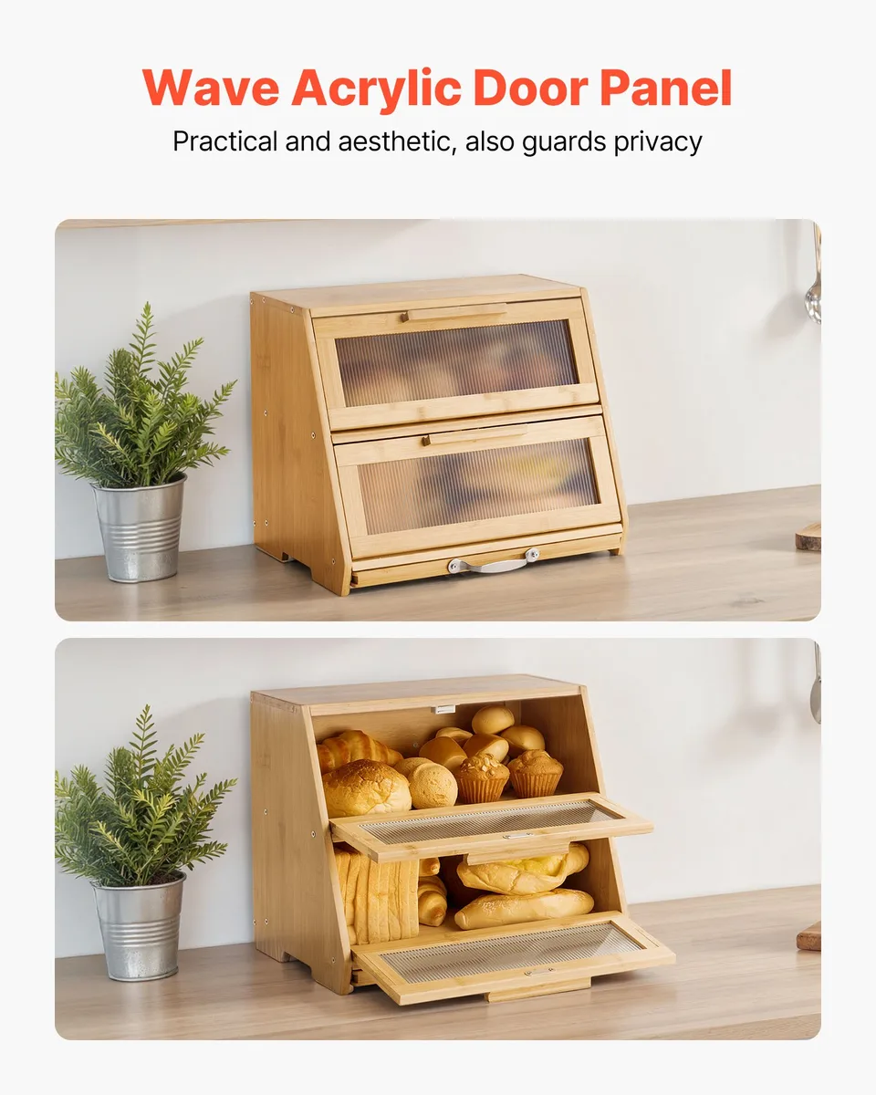 Double Layer Bread Box For Kitchen Counter Bamboo Storage Container Natural view 2