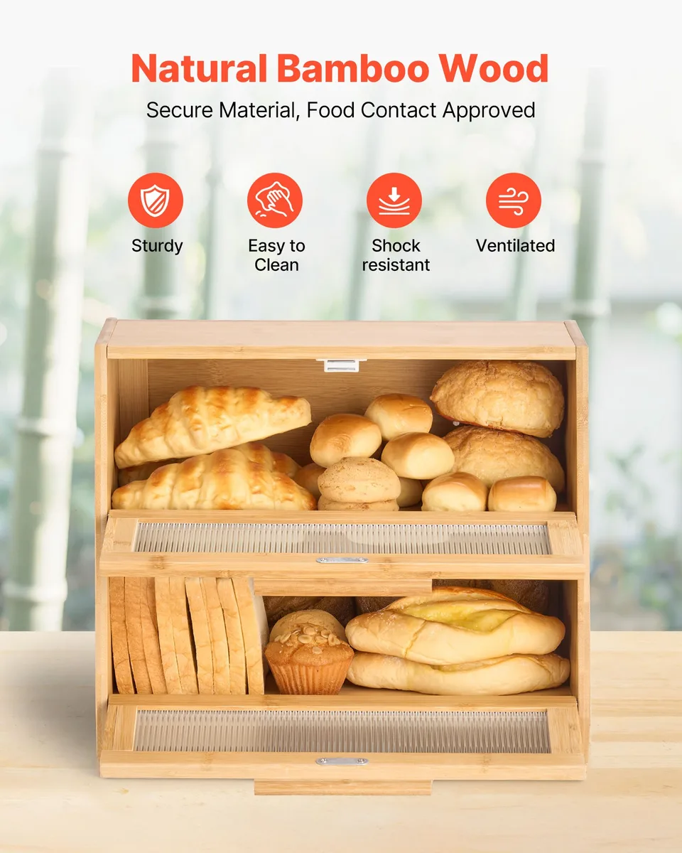 Double Layer Bread Box For Kitchen Counter Bamboo Storage Container Natural view 3