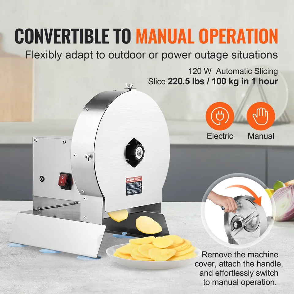 Electric Vegetable Slicer, 0-0.5'/0-12mm Thickness Adjustable Commercial Slicer Machine, Convertible To Manual, Stainless Steel Food Cutter Slicing Machine, For Potato, Lemon, Tomato, Apple view 3