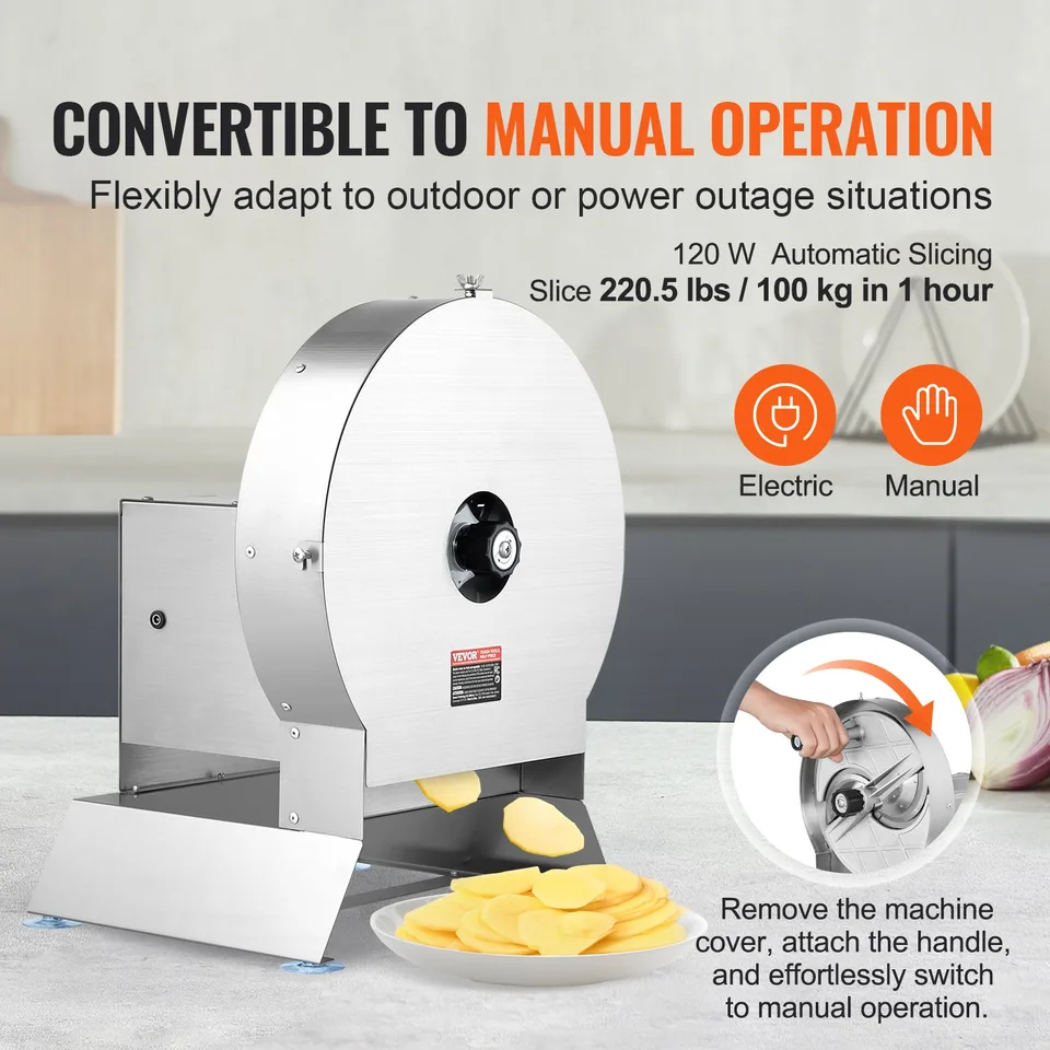 Electric Vegetable Slicer, 0-0.5'/0-12mm Thickness Adjustable Commercial Slicer Machine, Convertible To Manual, Stainless Steel Food Cutter view 2