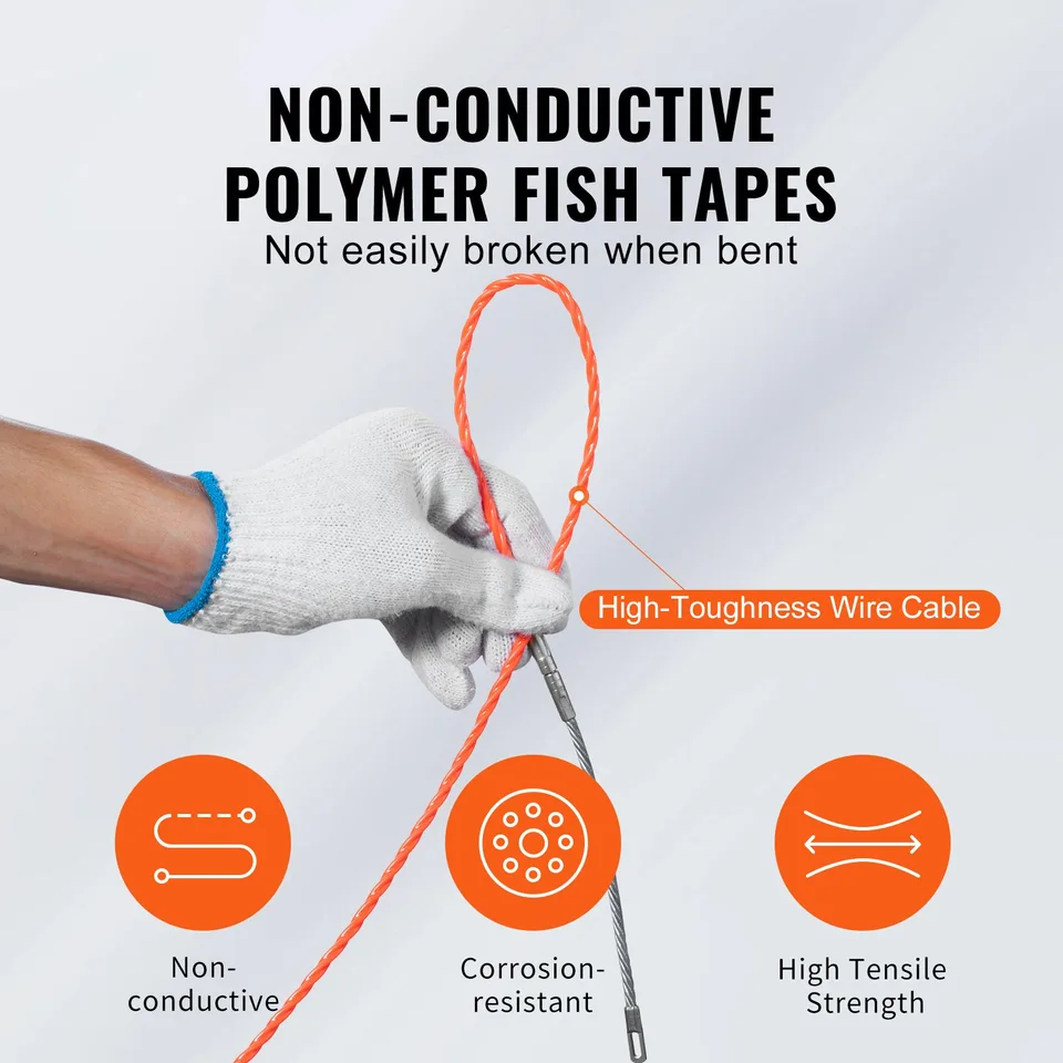 Fish Tape Wire Cable Line Puller 100 Ft 1/4 In PET With High Plastic Case view 2