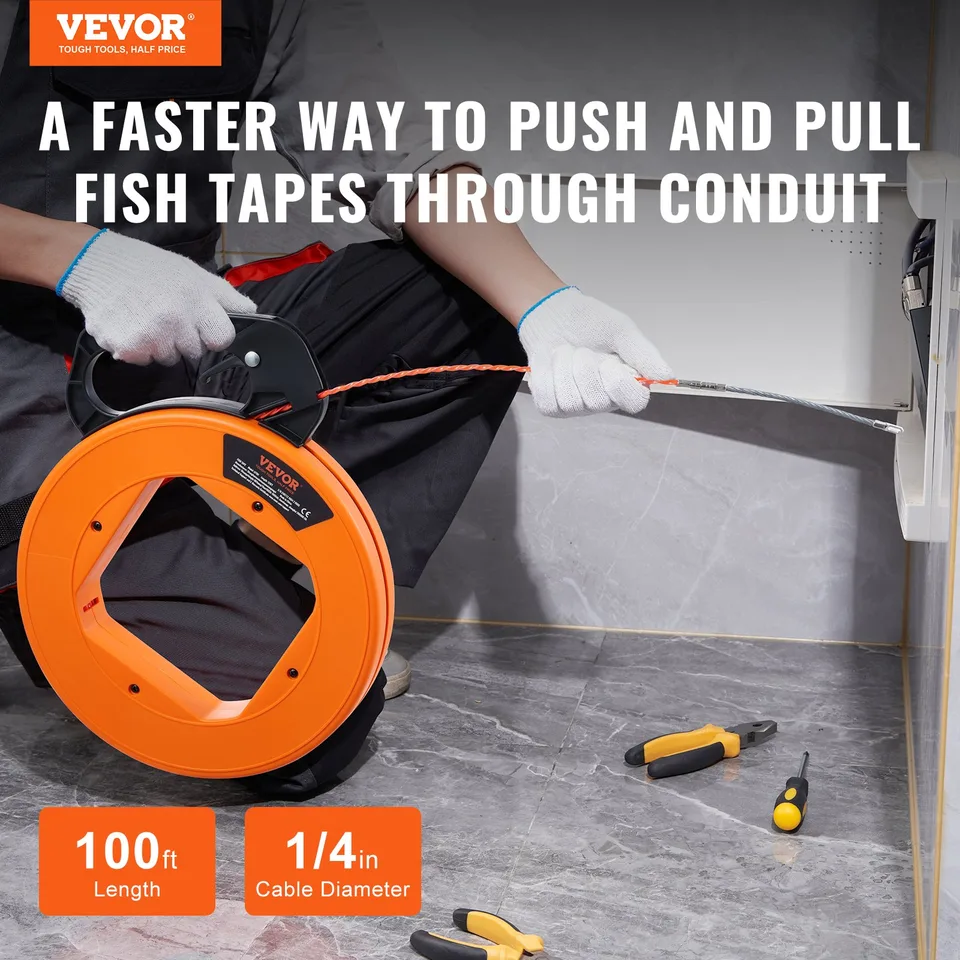 Fish Tape Wire Cable Line Puller 100 Ft 1/4 In PET With High Plastic Case view 3