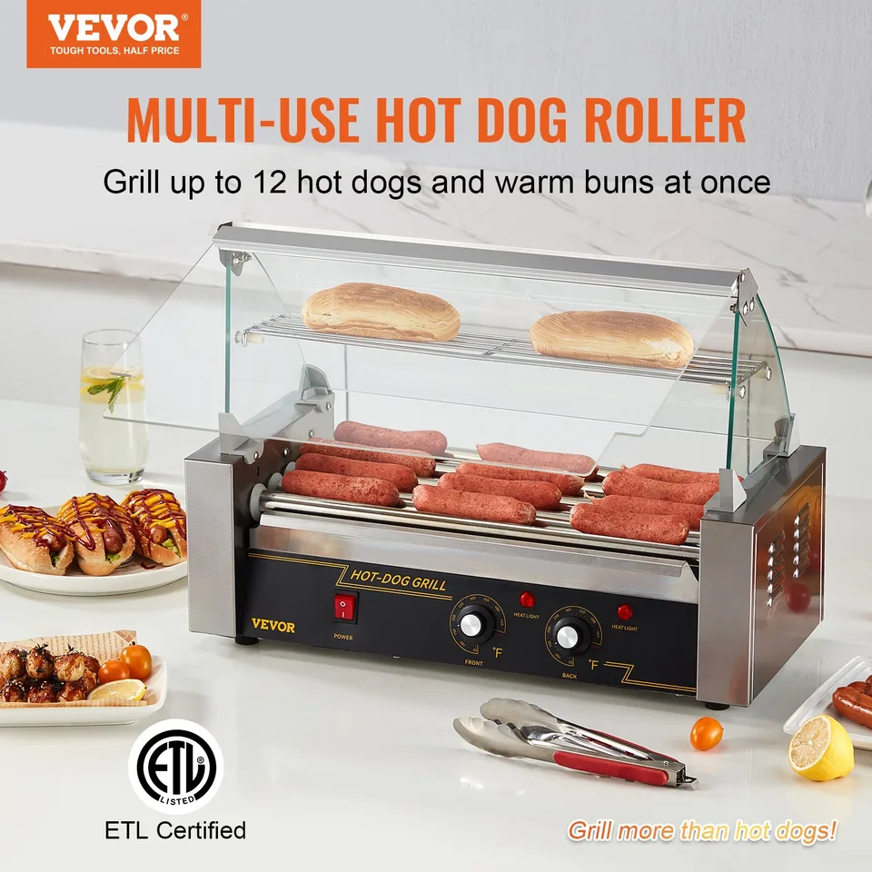 Hot Dog Roller 5 Rollers 12 Hot Dogs Capacity, 750W Stainless Sausage Grill Cooker Machine With Dual Temp Control Glass Hood Acrylic Cover view 3