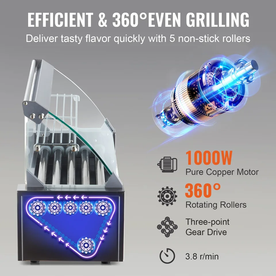 Hot Dog Roller 5 Rollers 12 Hot Dogs Capacity, 750W Stainless Sausage Grill Cooker Machine With Dual Temp Control Glass Hood Acrylic Cover view 4