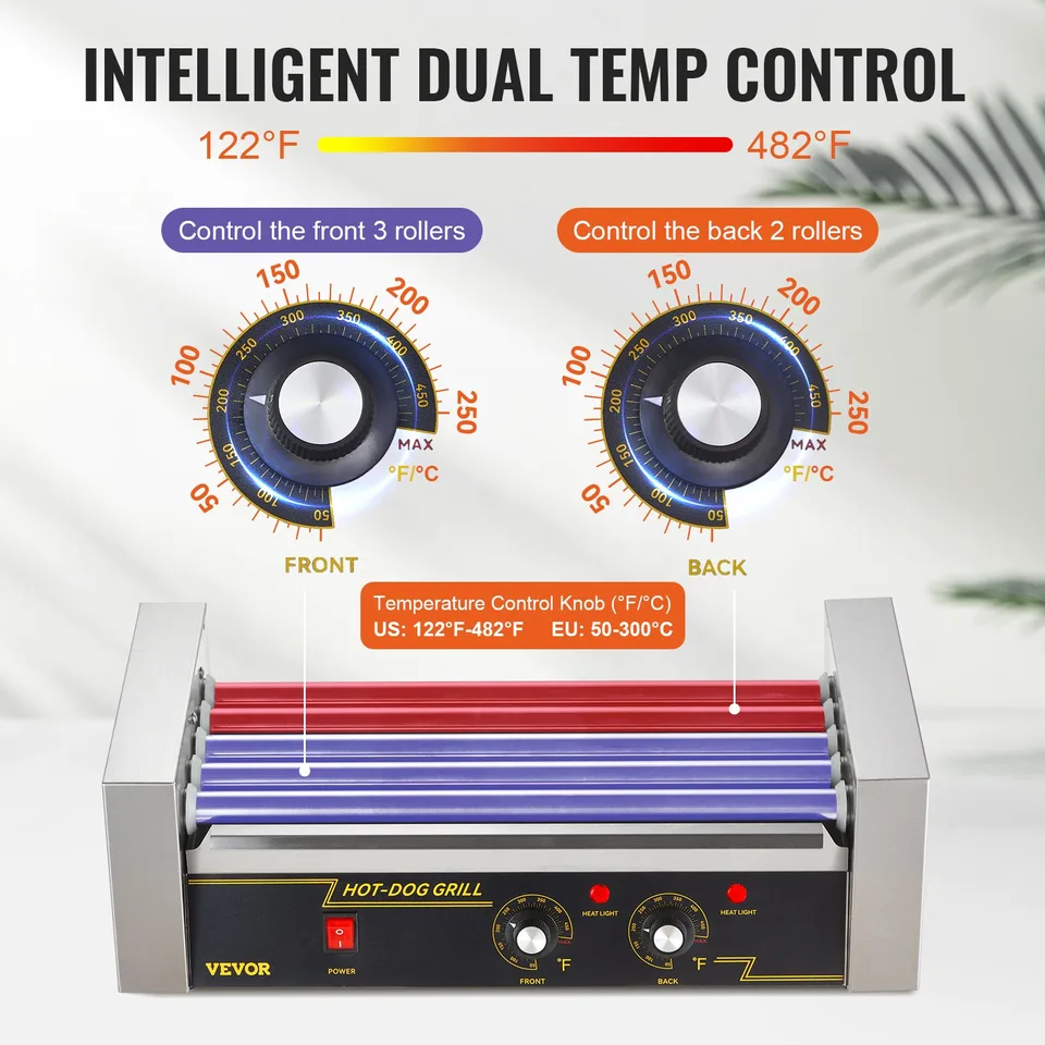Hot Dog Roller 5 Rollers 12 Hot Dogs Capacity, 750W Stainless Sausage Grill Cooker Machine With Dual Temp Control Glass Hood Acrylic Cover view 2