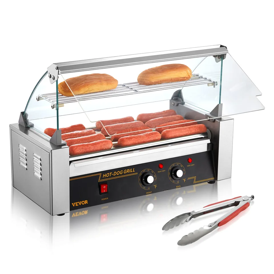 Hot Dog Roller 5 Rollers 12 Hot Dogs Capacity, 750W Stainless Sausage Grill Cooker Machine With Dual Temp Control Glass Hood Acrylic Cover