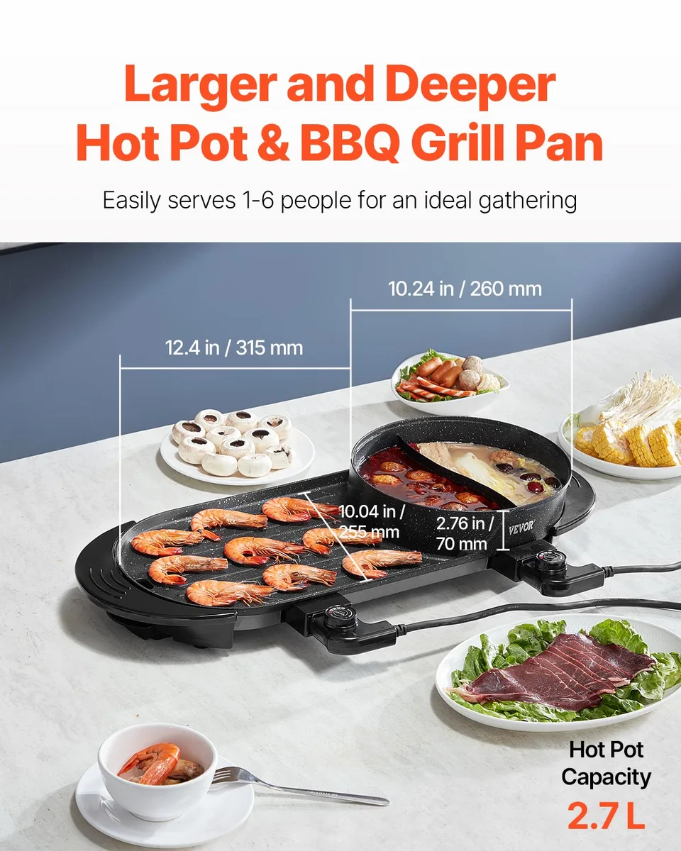 Hot Pot With Grill 2200W 2-in-1 Electric Smokeless Grill Hot Pot For 1-6 People view 2