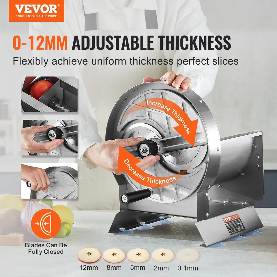 Manual Vegetable Fruit Slicer, 0-0.5'/0-12mm Thickness Adjustable Commercial Slicer Machine, Stainless Steel Food Cutter Slicing Machine With 2 Spare Blades, For Potato, Cucumber, Lemon, Tomato view 3