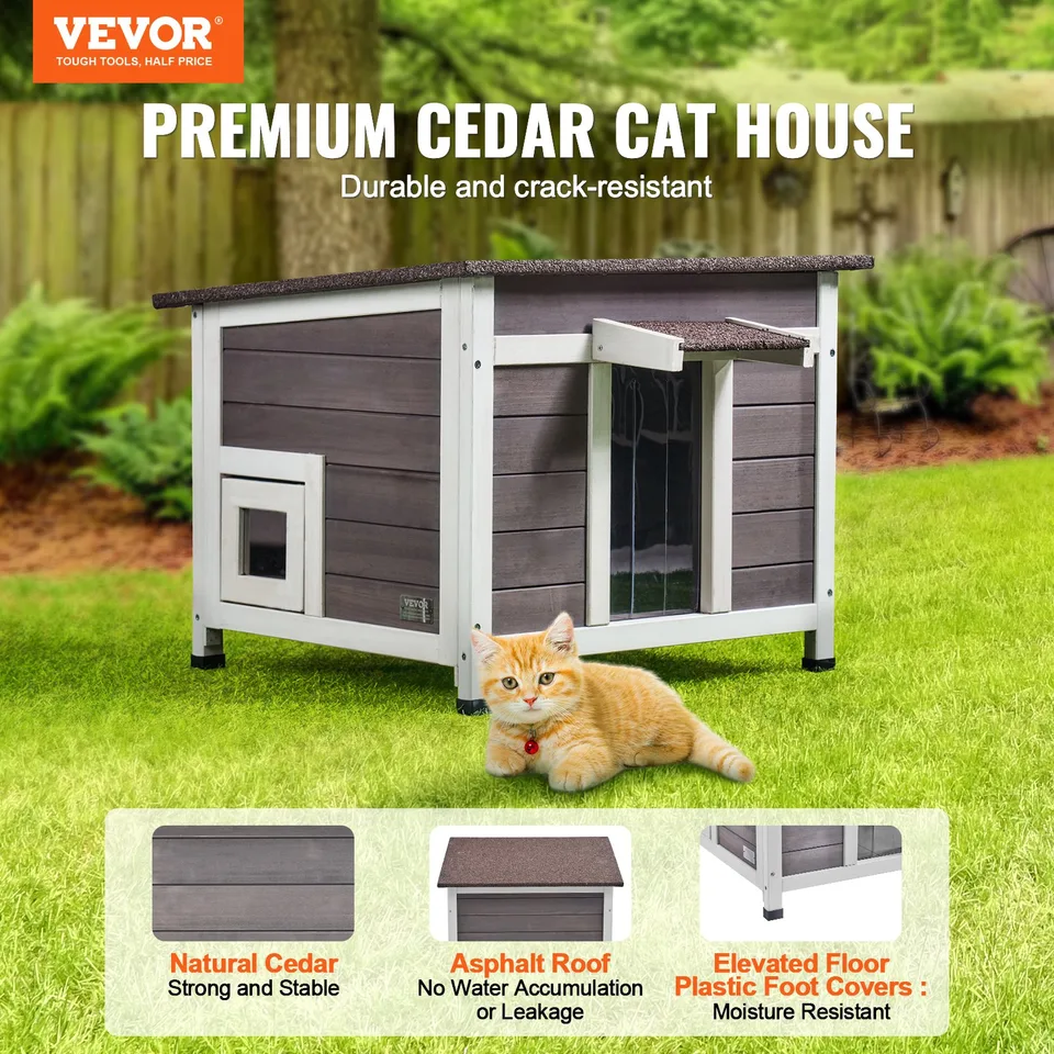 Outdoor Cat House Wooden Feral Cat Shelter With Roof Door Flaps & Window view 2