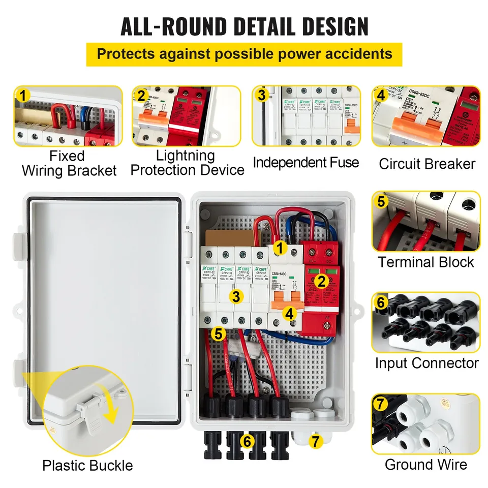 PV Combiner Box, 4 String With 15A Rated Current Fuse, 63A Circuit Breaker, Lightning Arreste Connector For On/Off Grid Solar Panel System view 3
