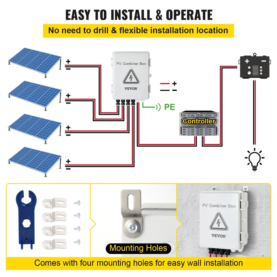 PV Combiner Box, 4 String With 15A Rated Current Fuse, 63A Circuit Breaker, Lightning Arreste Connector For On/Off Grid Solar Panel System view 4