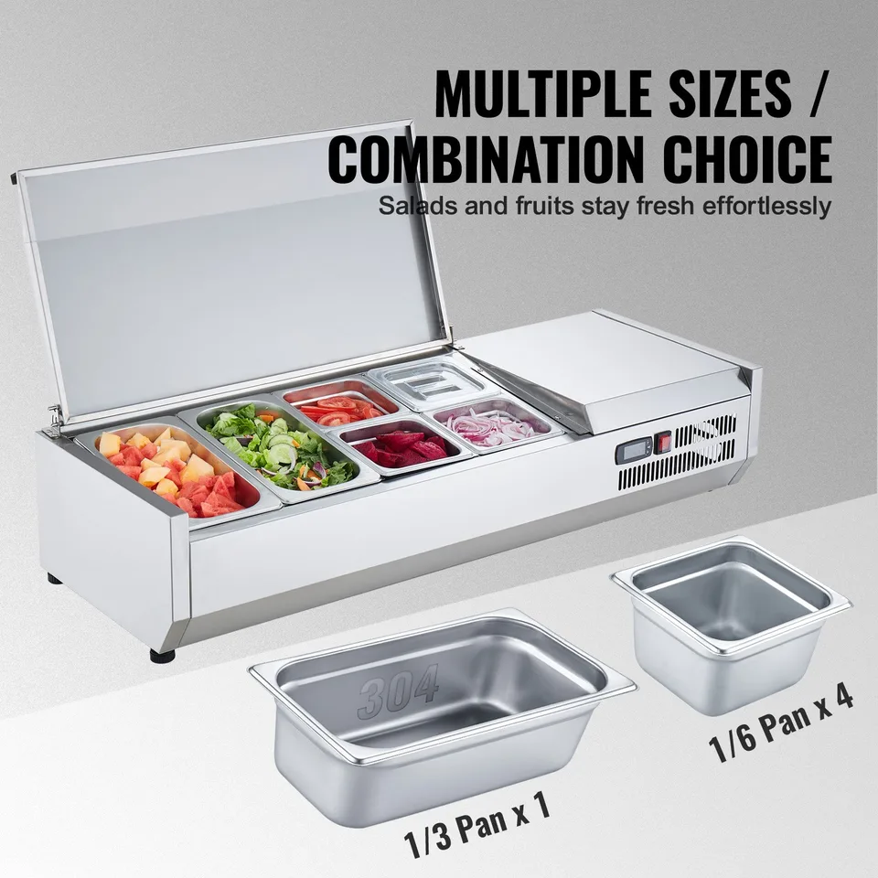 Refrigerated Condiment Prep Station, 135 W Countertop Refrigerated Condiment Station, With 2 1/3 Pans & 4 1/6 Pans, 304 Stainless Body And view 2